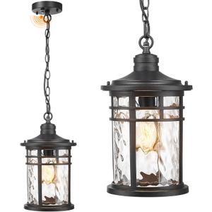 Large Hanging Porch Light 12.4 Inch Dusk to Dawn Outdoor Pendant Light with Water Ripple Glass Waterproof Outdoor Hanging Lantern Light with Adjustable Chain E26 Socket (Black) Large Hanging Porch Light 12.4 Inch Dusk to Dawn Outdoor Pendant Light with Water Ripple Glass Waterproof Outdoor Hanging Lantern Light with Adjustable Chain E26 Socket (Black)