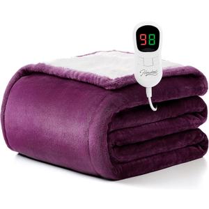 Homemate Heated Blanket Electric Throw - 50"x60" Heating Blanket Throw 1/2/4/6/8 Hours Auto-off 10 Heat Level Heat Blanket Over-heat Protection Flannel Sherpa Heater Blanket Electric ETL Certification (Purple)