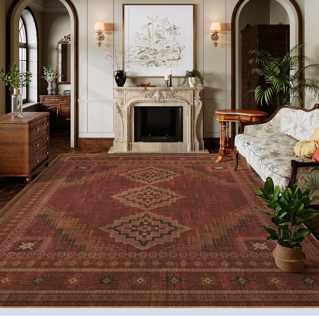 8x10 Living Room Rug - Vintage Ultra-Thin Area Rug Washable Carpets - Soft & Stain Resistant Abstract Rug for Home Bedroom Dining Room Home Office Crimson Red