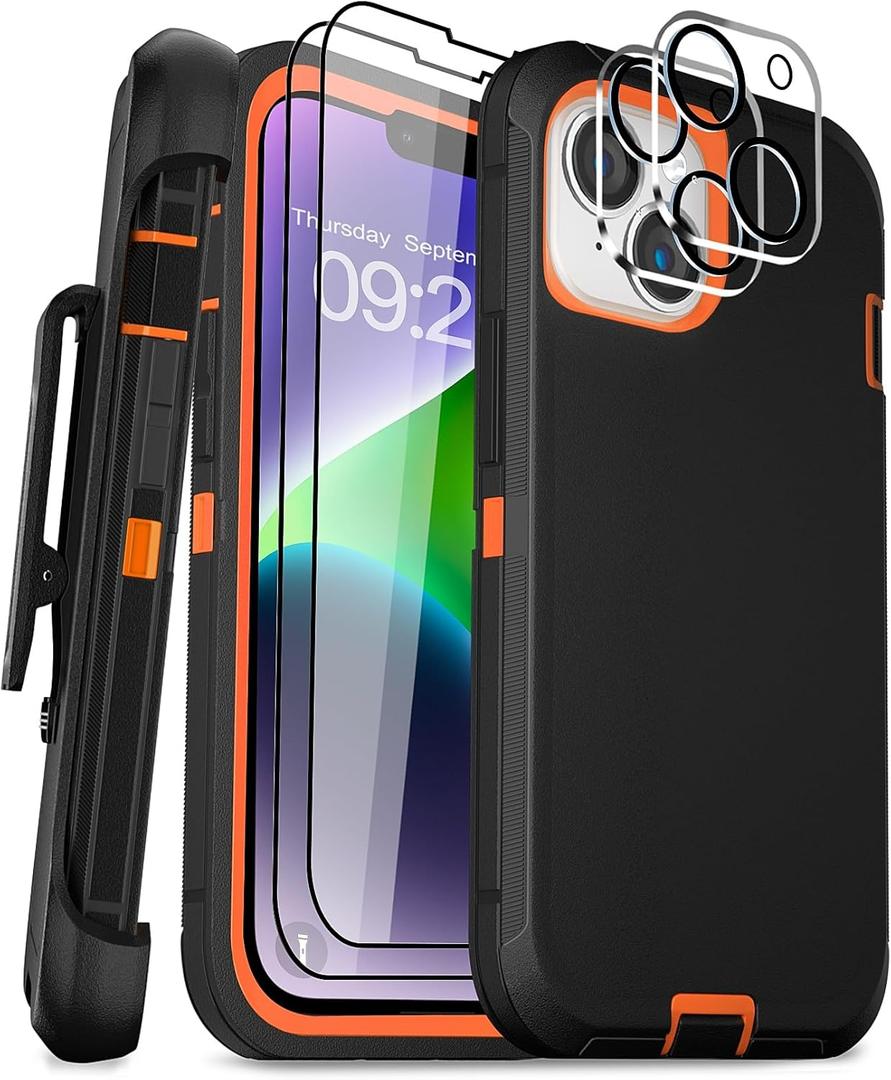for iPhone 14 Case 6.1" Belt-Clip Kickstand with 2 Screen Protector & 2 Camera Lens Protector, Full Body Protection Heavy Duty Case Cover (Black Orange+Clip)