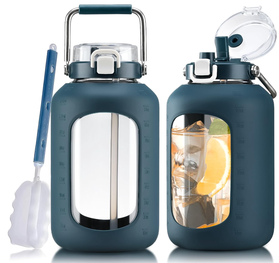 WINSA Large Glass Water Bottles with Stainless Steel Handle,100 oz Gallon Drinking Bottle with 2in1 Straw Lid,3 Liter Glass Water Jug with Silicone Sleeve,Wide Mouth,Dark Blue