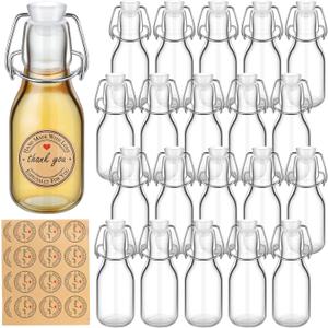 Queekay 20 Pcs Mini Flip Top Glass Bottle with Stoppers Decorative Swing Top Bottles with Lids Kraft Adhesive Round Stickers for Homemade Vanilla Extract Wedding Themed Party Favors(5.07 oz)
