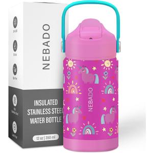 Kids Stainless Steel Insulated Water Bottle with Straw 12oz - Leak Proof Toddler Insulated Cup for School, BPA Free with Handle & Non-Slip Silicone Base, Dishwasher Safe, Whimsical Pink