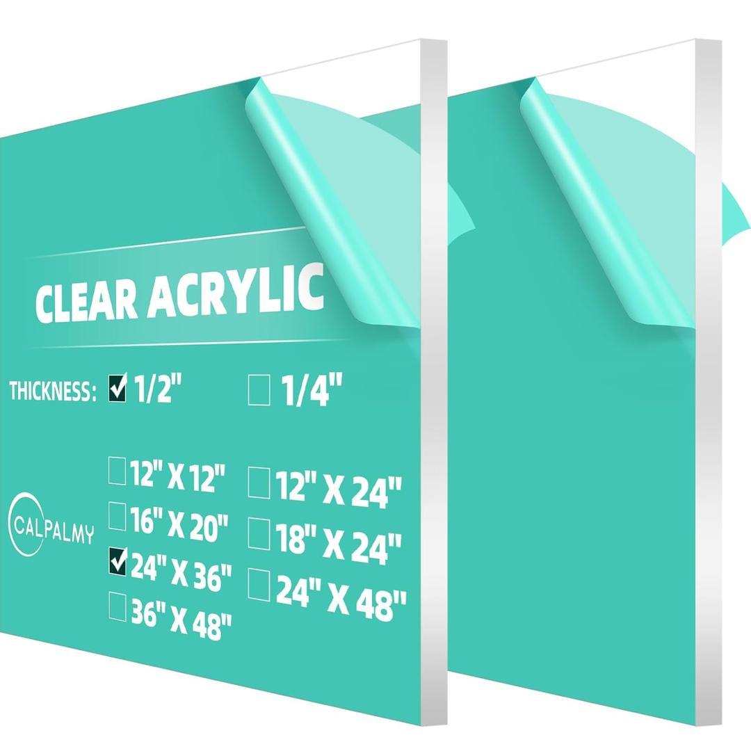 CALPALMY (2 Pack) 1/2" Thick Clear Acrylic Sheets 24" x 36", Pre-Cut Plexiglass Sheets for Craft Projects, Acrylic Signs, Display Cases or Shelving and More - Easy to Cut with Power Saw etc