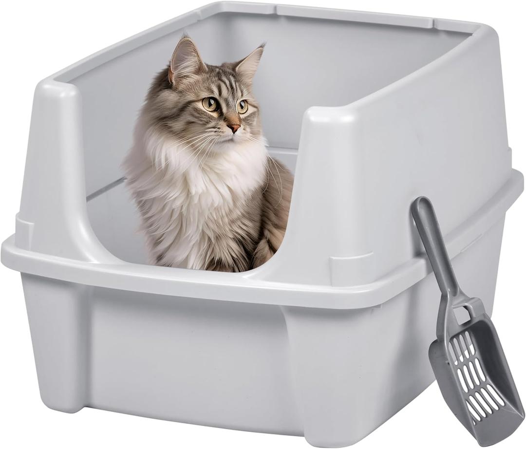 IRIS USA Large Cat Litter Box with Scatter Shield and Scoop, Open Top High Sided Cat Litter Pan, Silver (Gray)