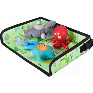 Kids Travel Tray Table Cover with Pockets Airplane Essentials for Toddlers 1-3, Portable Activity Organizer for Plane, Train, Car & Highchair, Washable Dinosaur Design (Green)