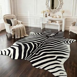 BENRON Premium Zebra Rugs for Living Room Bedroom, Non-Slip Throw Rug for Home Decor, Faux Zebra Print Animal Skin Carpets, Black and White, Ivory, 4.6 x 5.2 ft