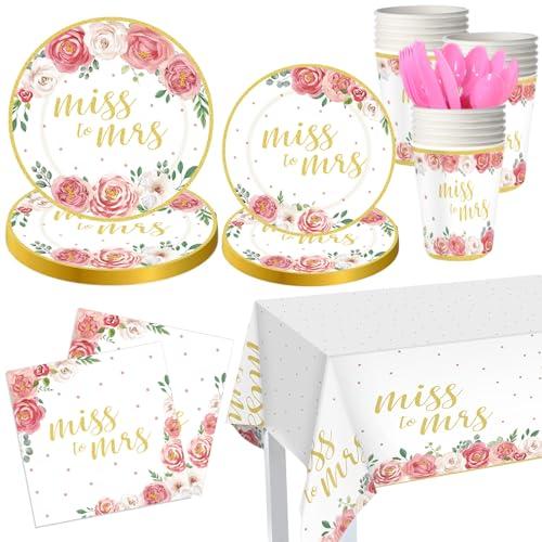 Zhehao 170 Pcs Bridal Shower Plates and Napkins Gold Miss to Mrs Floral Disposable Paper Tableware Set of 24 Includes Plates Napkins Cups Tablecloth Knife Fork for Wedding Bridal Shower Party Decor