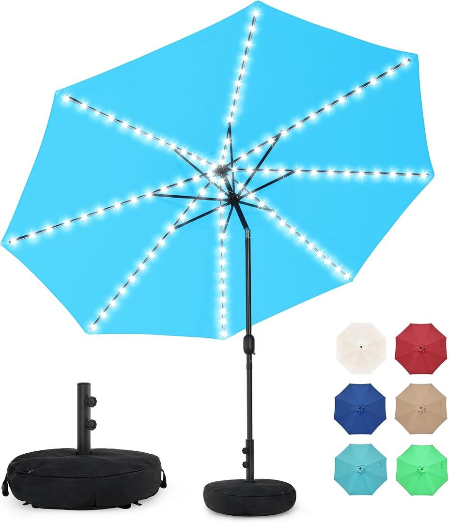 Sundale Outdoor Solar 104 LED 11 ft Patio Umbrella with Sand Bag Umbrella Base, Outdoor Umbrella with Tilt and Crank, Sky Blue