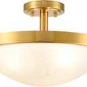 SAMTEEN 16-Inch Gold Semi Flush Mount Ceiling Light Mid Century Modern 3-Light Milk Glass Ceiling Light Brass Glass Flush Mount Light Fixtures for Bedroom Hallway Staircase