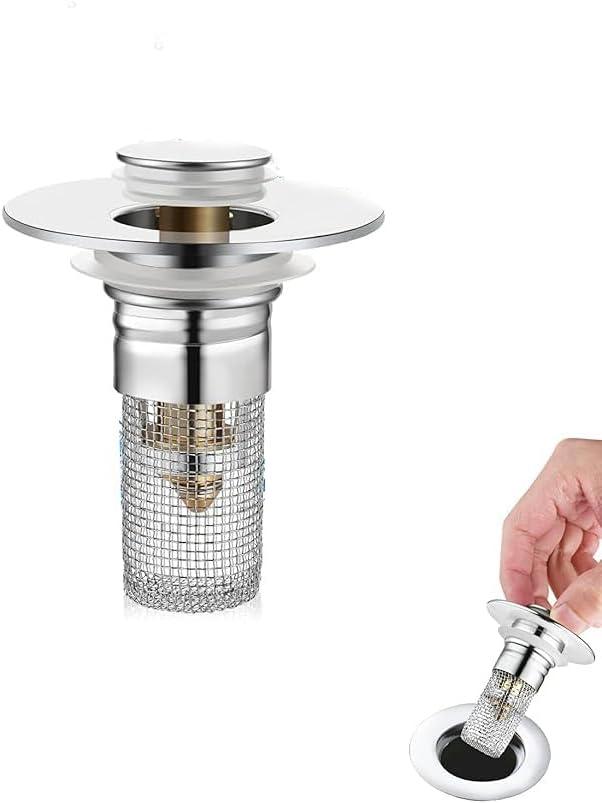 Bathroom Sink Stopper Hair Catcher, Universal Drain Filter with Hair Strainer, Universal Bathroom Sink Drain Pop Up Stopper for US Stainless Steel Floor Drain Filter (1PCS)
