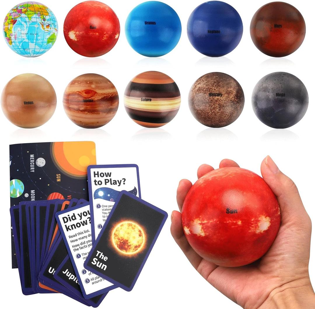 Mini Foam Plants Balls Toy, 10 PCS Solar System Stress Balls for Kids Adults, Squeeze Global for Stress Relief, Science Kit Gift for Early Learning, Classroom Prize for Boys Girls (with Flash Cards)