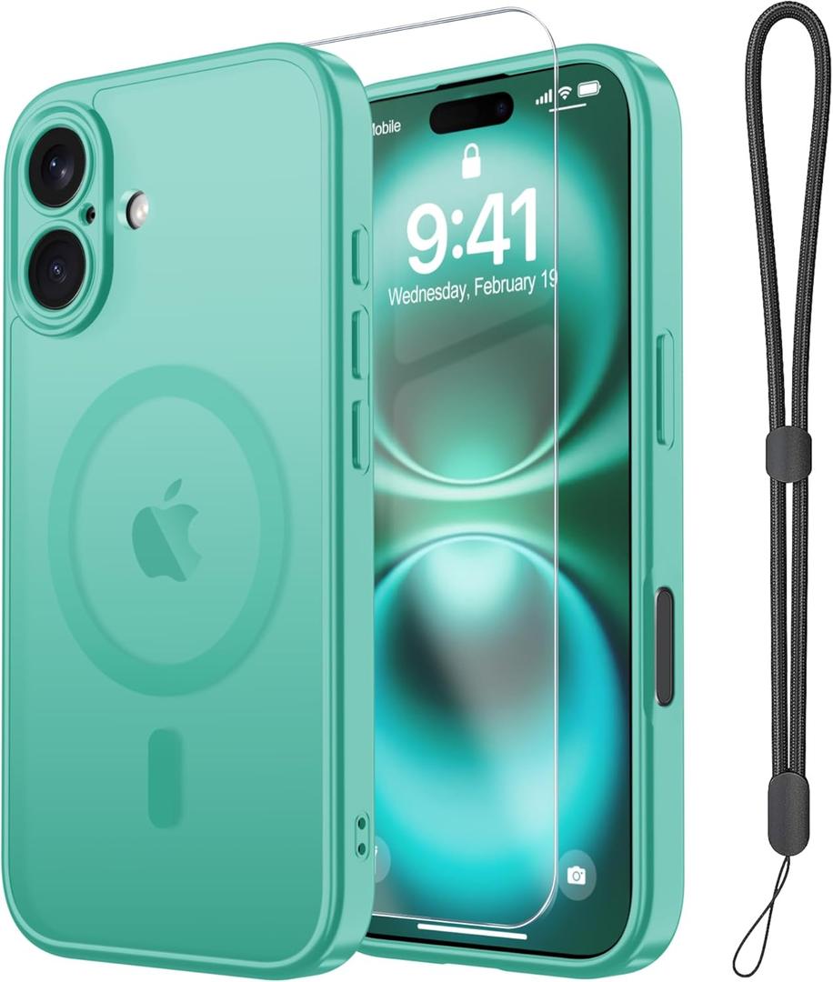 Janmitta Magnetic for iPhone 16 Case,with Screen Protector+Wrist Strap,Compatible with MagSafe,Camera Protection,Military Grade Drop Protection,Slim Translucent Matte Phone Cover,Turquoise