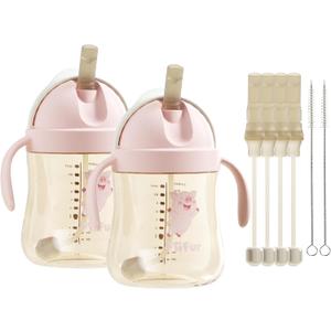 Piifur 11oz PPSU Baby Sippy Cup, Leak-Proof V-Valve Straw Cup with Replacement Straws, Easy Clean Toddler Training Cup for 6-36 Months (Pink 2Pack)