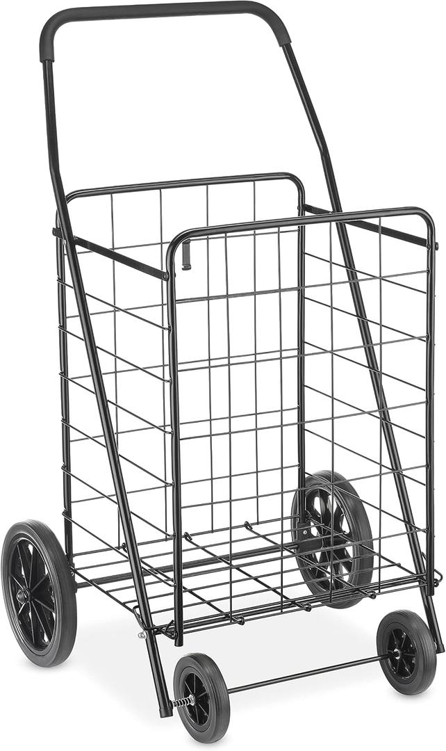 Whitmor Extra Large Utility Foldable Shopping Cart with Wheels, 100 Lb Capacity, Heavy Duty Grocery Cart with Steel Frame, Foam Handle, Rolling Collapsible Utility Trolley for Grocery, Laundry, Black