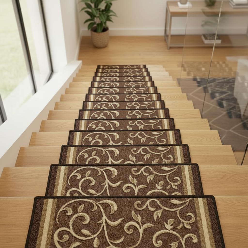 Gloria Non Slip Rubber Back Pet Friendly Floral Design Carpet Stair Treads Stairway mats (13, Brown)