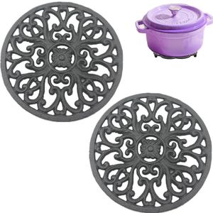 2 Pack Cast Iron Metal Trivet, Heavy Duty Trivet Rack for Hot Pots and Pans, 4.6 Inch Round Vintage Teapot Stands Holders for Countertop, Dining Table, Farmhouse Decoration with Rubber Peg