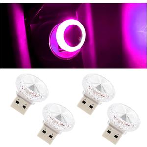Hovom 4PCS USB LED Car Interior Atmosphere Lamp, Portable Mini Car LED Night Light Decoration, Plug-in USB Automotive Ambient Lighting Kit, Universal for Cars SUVs Trucks RVs (Pink Purple)