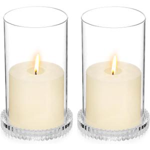 Hurricane Glass Candle Holders Set of 2, Serrated Round Candle Stand for Pillar Candles Modern CandleHolders Cylinder Chimney Cover for Outdoor Wedding Decor Parties & Table Centerpieces