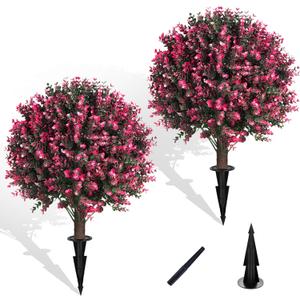 Artificial Rose Boxwood Topiary Ball Bush for Outdoor with Spike, Set of 2 UV Resistant Faux Boxwood Ball Tree with Stake Weatherproof Fake Round Topiary Shrub Plant for Front Porch