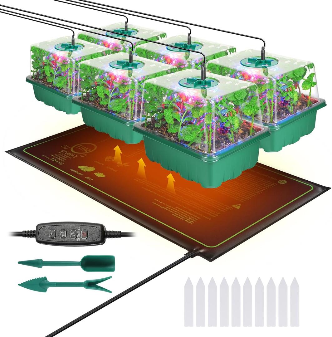 Seed Starter Trays with Grow Lights and Heat Mat, 72 Cells Seed Starter Kit with Lights, 3 Lighting Mode, 4 Timing Set, Germination Kit for Seed Starting Trays with High Humidity Control Domes (6PCS, Green)
