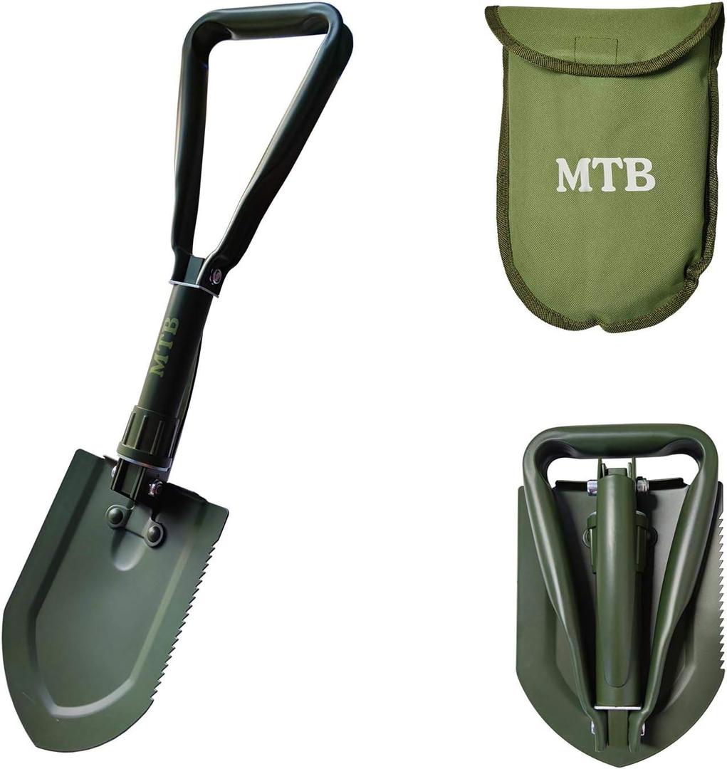 Military Folding Shovel Camping Shovel,High Carbon Steel Entrenching Tool w/Wood Saw Edge and Tactical Carry Case, 22.8 Inch, Green