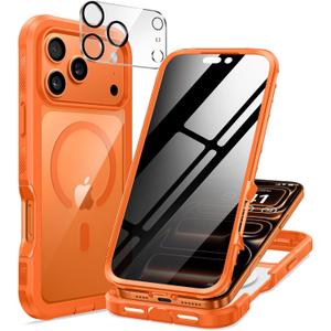 seacosmo for iPhone 17 Pro Case, Full Body Bumper with Built-in Tempered Glass Privacy Screen and Camera Lens Protector, Compatible with MagSafe, Shockproof 17 Pro Phone Case, 6.3", Orange