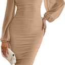 MEROKEETY Women's Long Puff Sleeve Ruched Bodycon Dress Square Neck Mesh Cocktail Party Midi Dresses (XX-Large, Apricot)