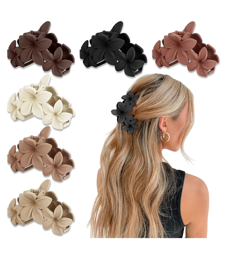 6PCS Flower Hair Clips for Women, Non-Slip Matte Hawaiian Plumeria Large Claws Clips with Strong Hold, Cute Beach Hair Accessories