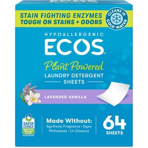 ECOS Laundry Detergent Sheets Vegan, No Plastic Jug, No Mess, Liquid Free - Hypoallergenic, Plant Powered Laundry Detergent Sheet - Lavender Vanilla - 64 Count (Pack of 1)
