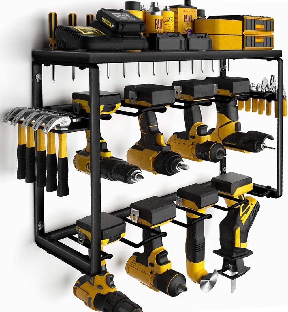 Power Tool Organizer, 8 Drill Holders Wall Mount, 3 Layer Heavy Duty Metal Storage for Garage Organization, Tools Storage with Hooks, Screwdriver Hammer Holder, Father's Day Mens Birthday Gift