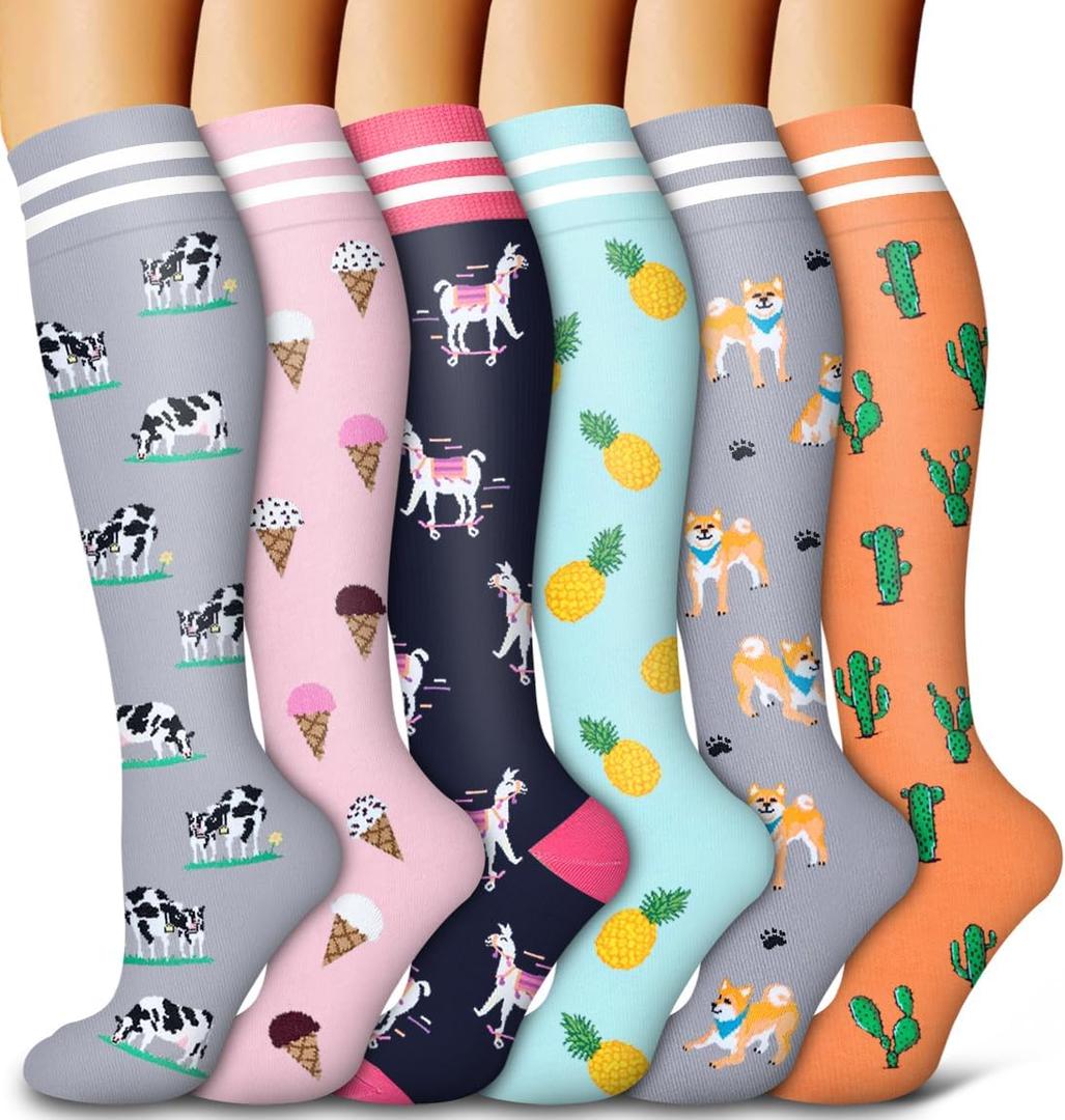 6 Pack Copper Compression Socks for Women and Men Circulation-Best Support for Medical, Running,Nursing,Athletic (Large-X-Large, C-grey+pink+navy Blue+blue+grey+orange)