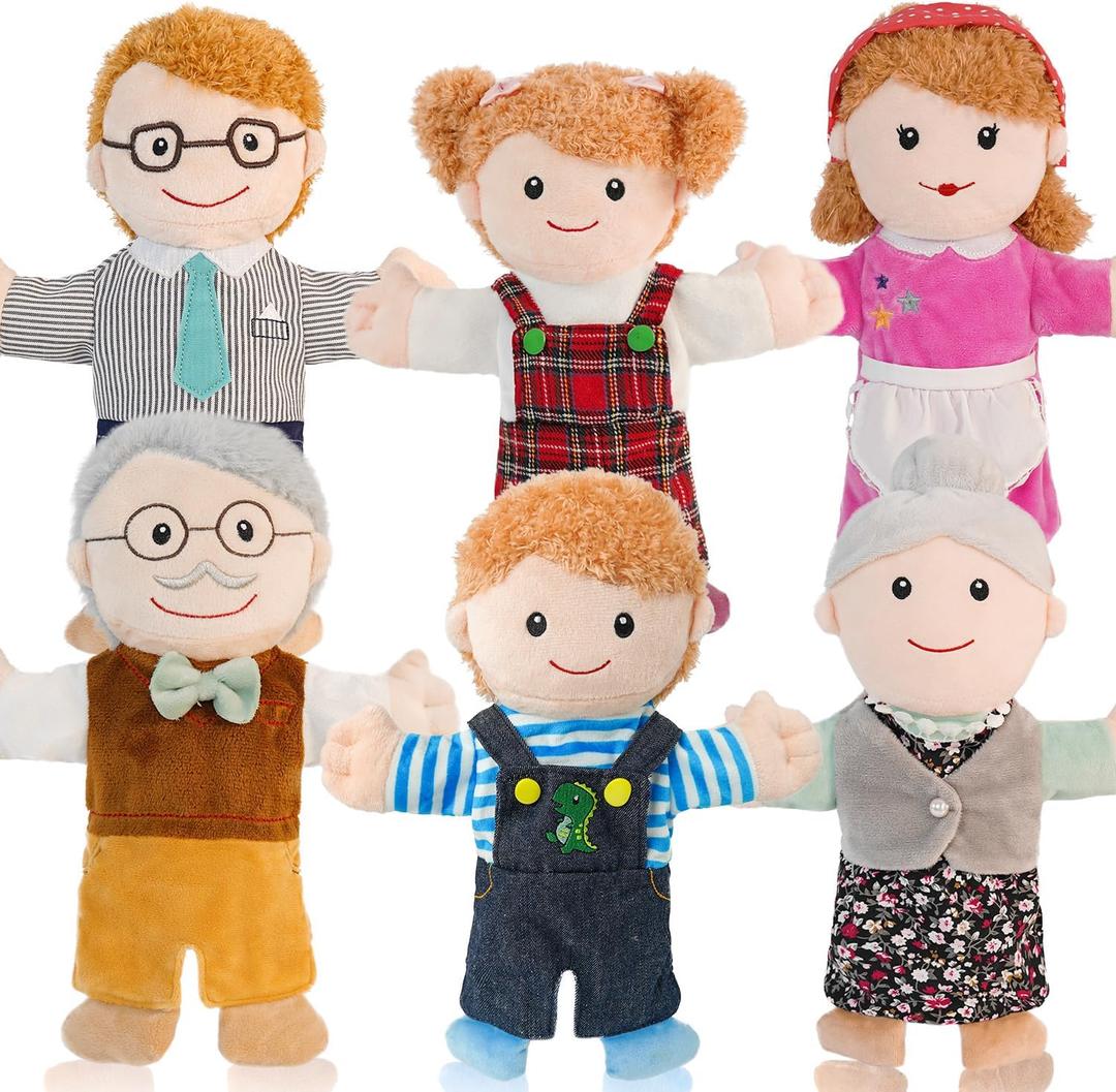 6 Pcs Family Hand Puppets for Kids 11.8 Inch Family Members Puppet Set Mom, Dad, Grandparents, Happy Kids Soft Stuffed Hand Puppet Theater Plush Toys for Toddlers Ages 1-3, 4-8 Role Play