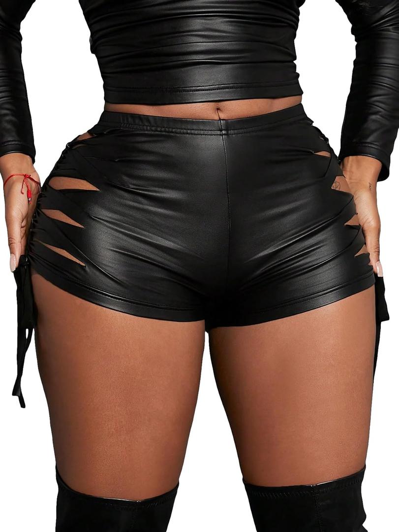 Verdusa Women's Faux Leather Shorts Sexy Micro Booty Mini Shorts Night Club Outfits Hot Short (Medium, Black)