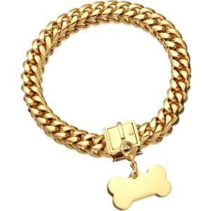 Jewelry Kingdom 1 Gold Dog Chain Collar with Dog ID Tag 18K Metal Stainles Steel Cuban Link Chain Strong Heavy Duty Chew Proof Walking Training Chain Collar (15MM, 14")