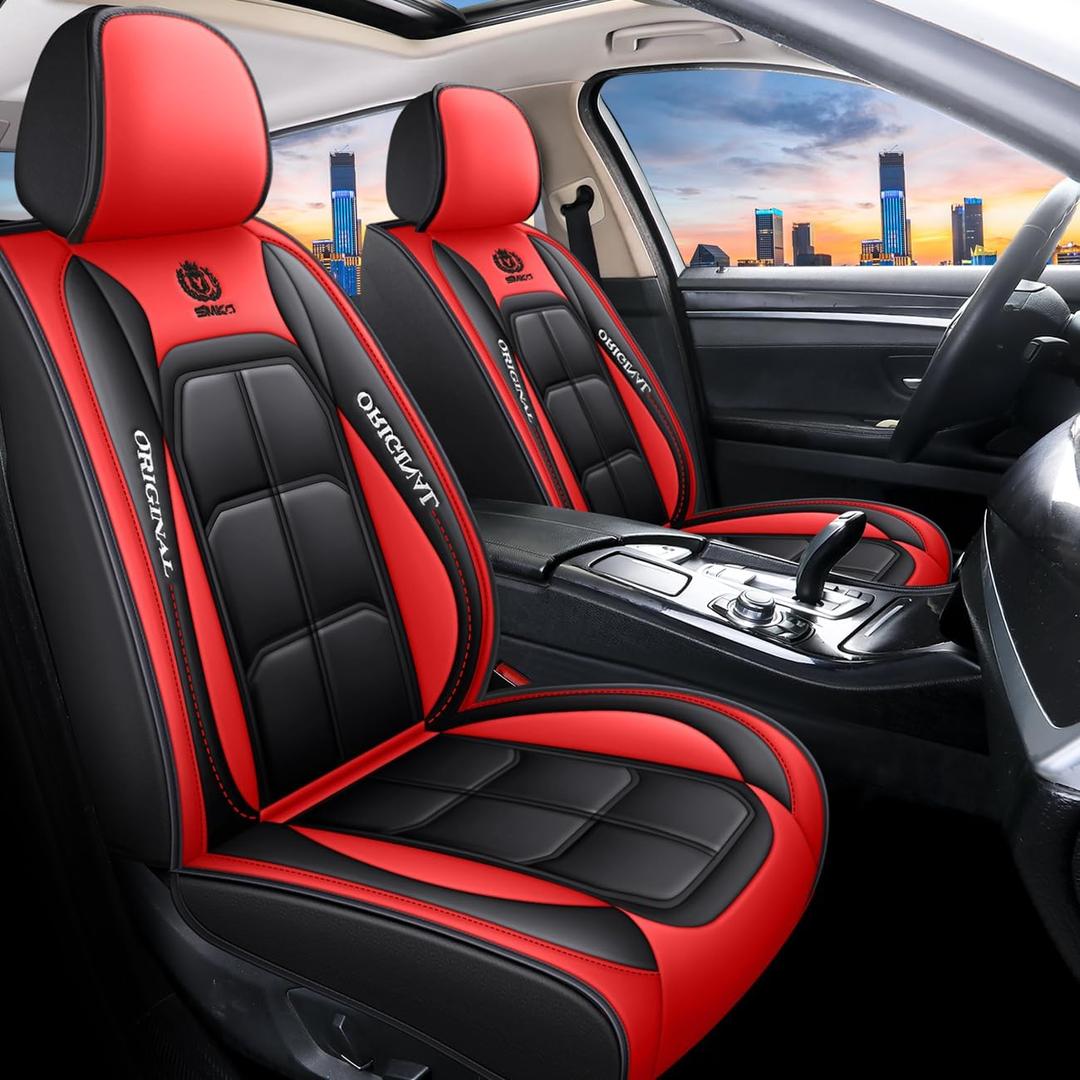 BGYFDU03 Seat Cover 5-Seater Full Set, Universal Type, Suitable for Most Cars, Cars, SUV, Trucks, Pickup Ttrucks, Airbags Compatible with Synthetic Leather Car Seat Cushion Protectors (Black-red)