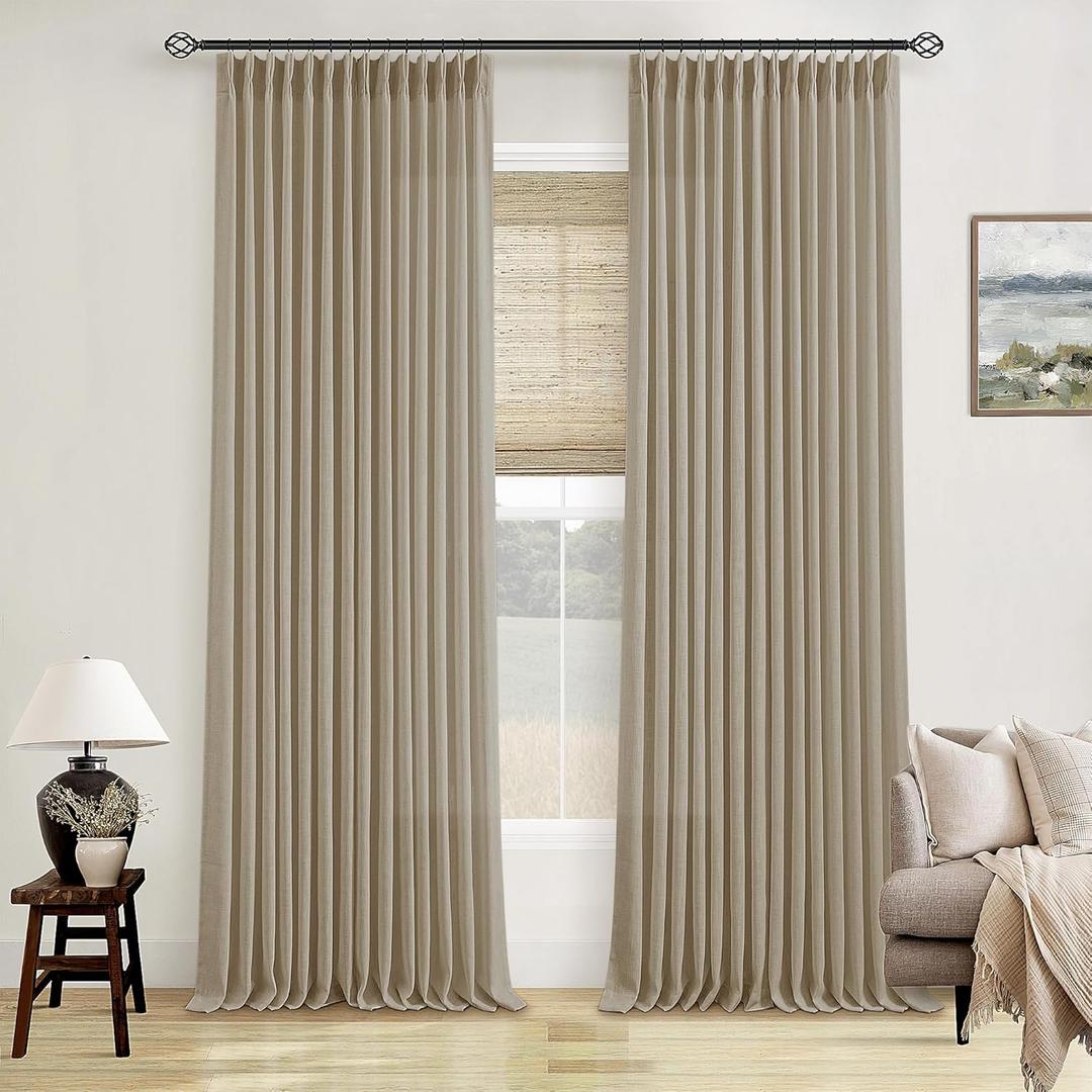 Neutral Pinch Pleated 96 Inch Curtains 2 Panels Set for Windows Flax Linen Textured Drapes Pinch Pleat Back Tab Privacy Light Filtering Greige Curtain Drape with Hooks Rings for Living Room Bedroom