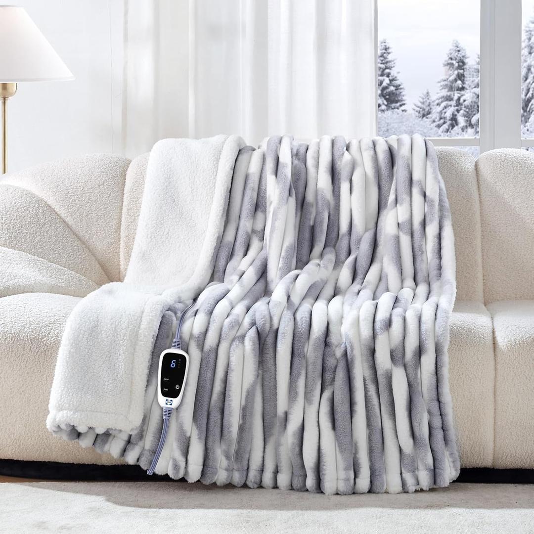 Sealy Electric Blanket Throw Size 50"*60",Super Cozy Faux Fur to Sherpa Reversible Heated Blanket Throw with 6 Heating Levels & 2-10 Hours Auto Off Overheating Protection Machine Washable,Blue White