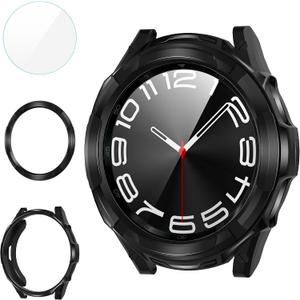 Suoman 3 in 1 for Samsung Galaxy Watch 6 Classic 47mm Case, HD Tempered Glass Screen Protector, All-Around Protective TPU Bumper Cover- Black