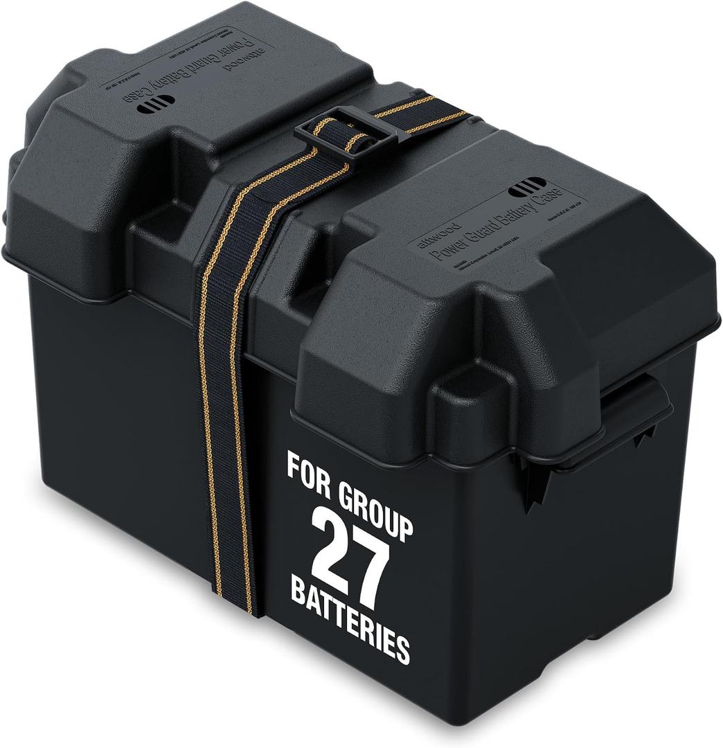 Attwood 9067-1 Vented Battery Box with Mounting Strap, Fits Group 27 Series Batteries, Black