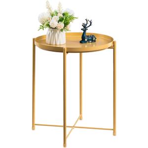 HollyHOME Round Metal Side Table, Outdoor Small Folding Accent Stand with Removable Tray, 17.72'' Portable End Table for Balconies, Gardens, Living Rooms and Bedrooms, Yellow