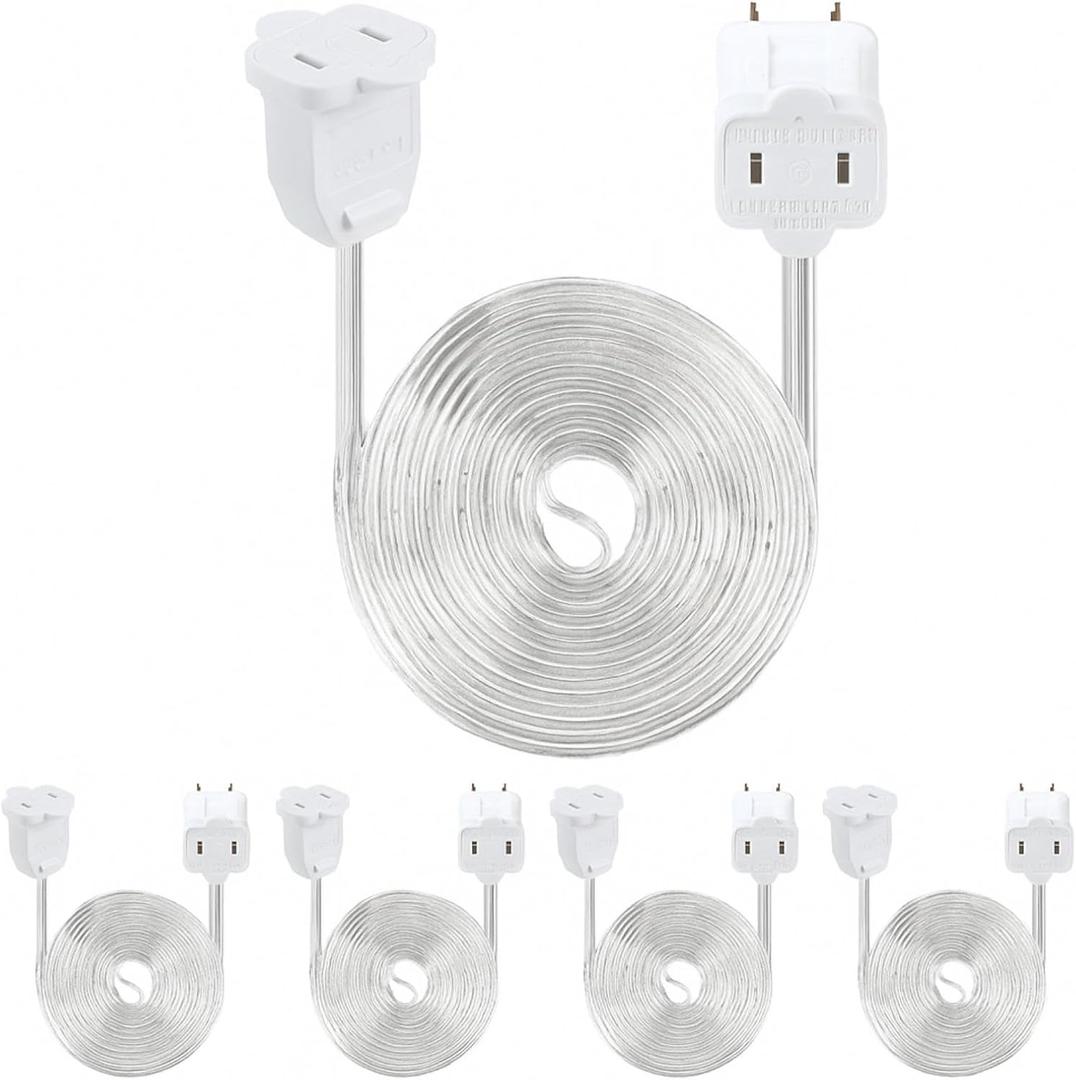 Kanayu 5 Pack 12 ft Clear Indoor Extension Cord 2 Prong Electric Cord Extender, Wire Plug in and End, Ac 120 Volts, for Outdoor Christmas Connect or Extend String Lights