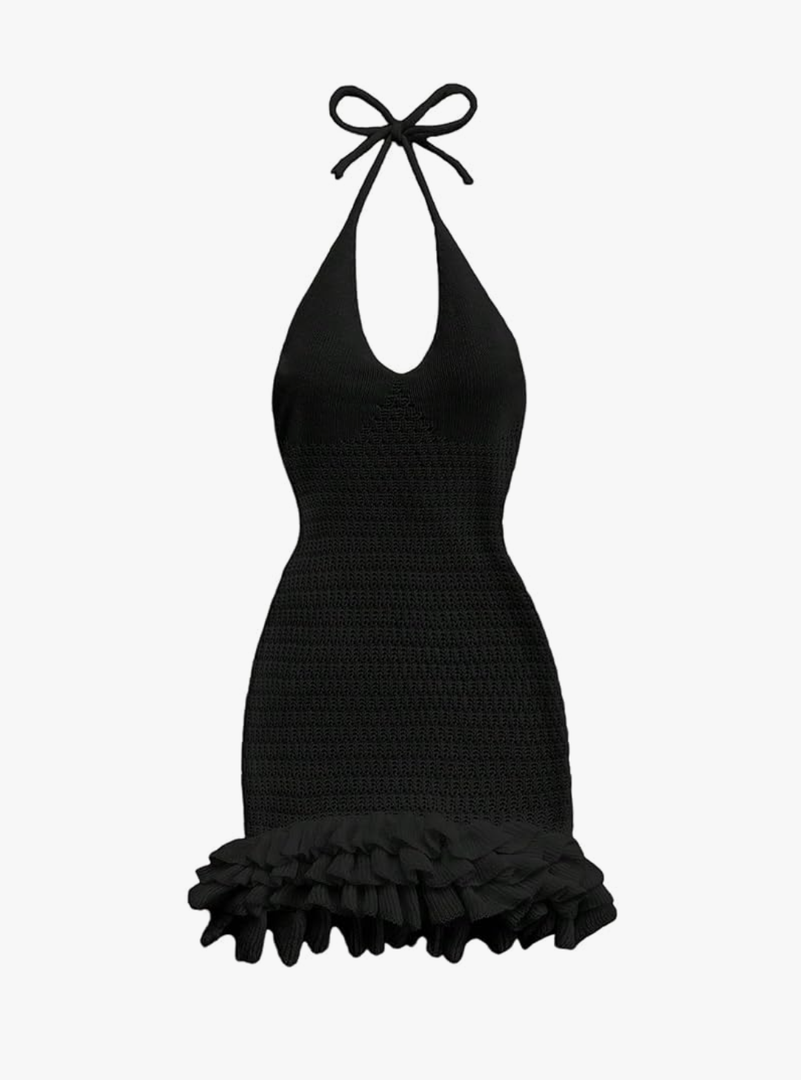 GORGLITTER Women's Crochet Halter Bubble Mini Dress Bow Backless Summer Bodycon Knit Dress Vacation Festival Outfits No Size
