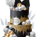 Gyufise Balls Cake Toppers Acrylic Happy Birthday Cake Topper Palm Leaves Cake Decorations for Birthday Wedding Baby Shower Party Supplies Black Silver