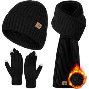 3 PCS Winter Hat Scarf Gloves Set, Soft Warm Knit Beanie Hat Touchscreen Gloves Long Knitted Scarf Set Winter Gifts for Men (Black-1)