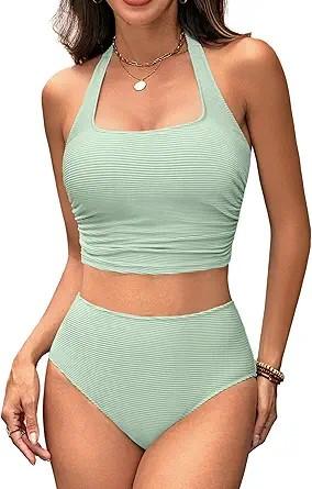 BMJL Womens High Waisted Bikini Sets Halter Two Piece Swimsuits Sporty Ribbed Tummy Control Bathing Suit (Medium, Green)