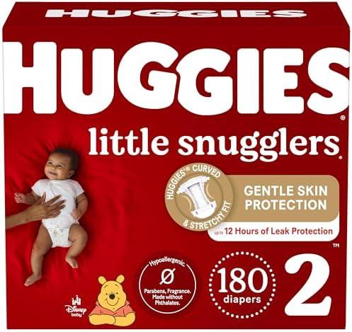 Huggies Size 2 Diapers, Little Snugglers Baby Diapers, Size 2 (12-18 lbs), 180 Ct (2 packs of 60), Packaging May Vary