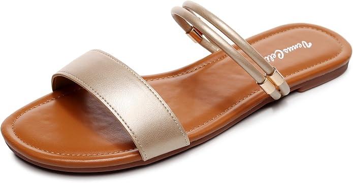 VenusCelia Women's Double Straps Wide Flat Sandal (7 W US,Gold)