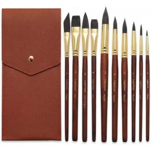 Professional Watercolor Brush Set  10 PCS Synthetic Squirrel Brushes with Leather Case, Short Handles, Round, Liner, Flat, Dagger & Cats Tongue for Water Color, Gouache, Ink & Acrylic