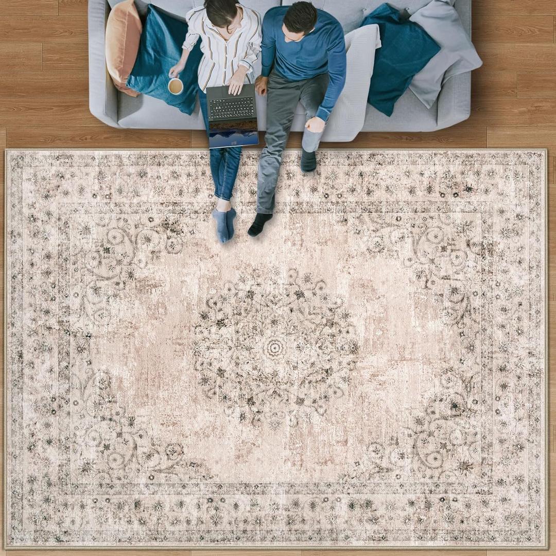 Area Rug 8x10 Vintage Rug: Large Washable Indoor Medallion Rugs Low Pile Distressed Floor Carpet Retro Accent Rug for Living Room Bedroom Kitchen Dining Table Home Office(Distressed Brown, 8'x10')